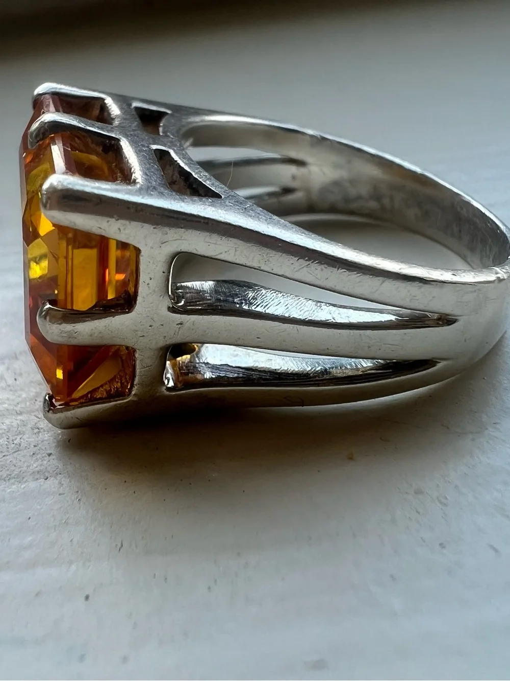 Vintage Sterling Silver Ring with Large Amber-Cut Yellow / Orange Stone 925
